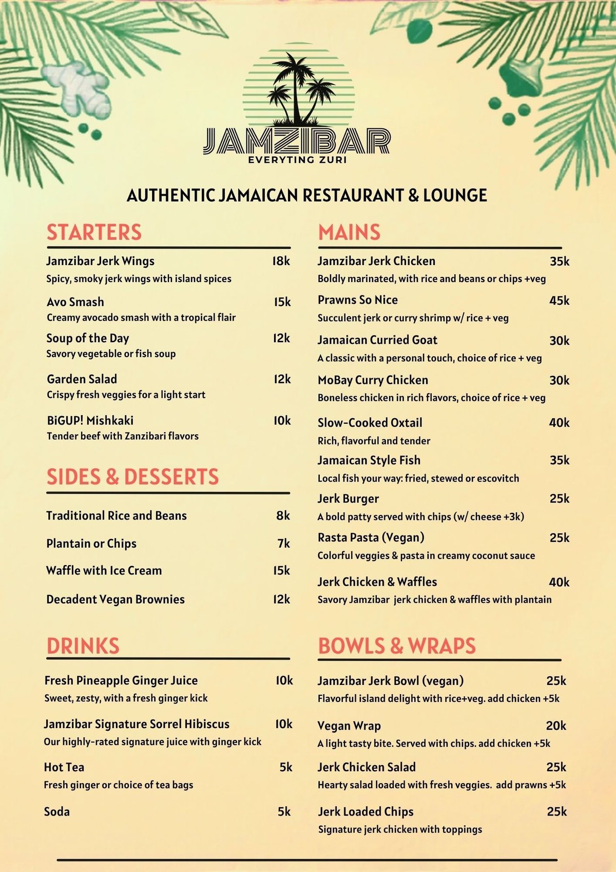 Jamzibar Authentic Jamaican Restaurant menu with starters, mains, sides, desserts, drinks, and bowls featuring jerk chicken and traditional Caribbean dishes